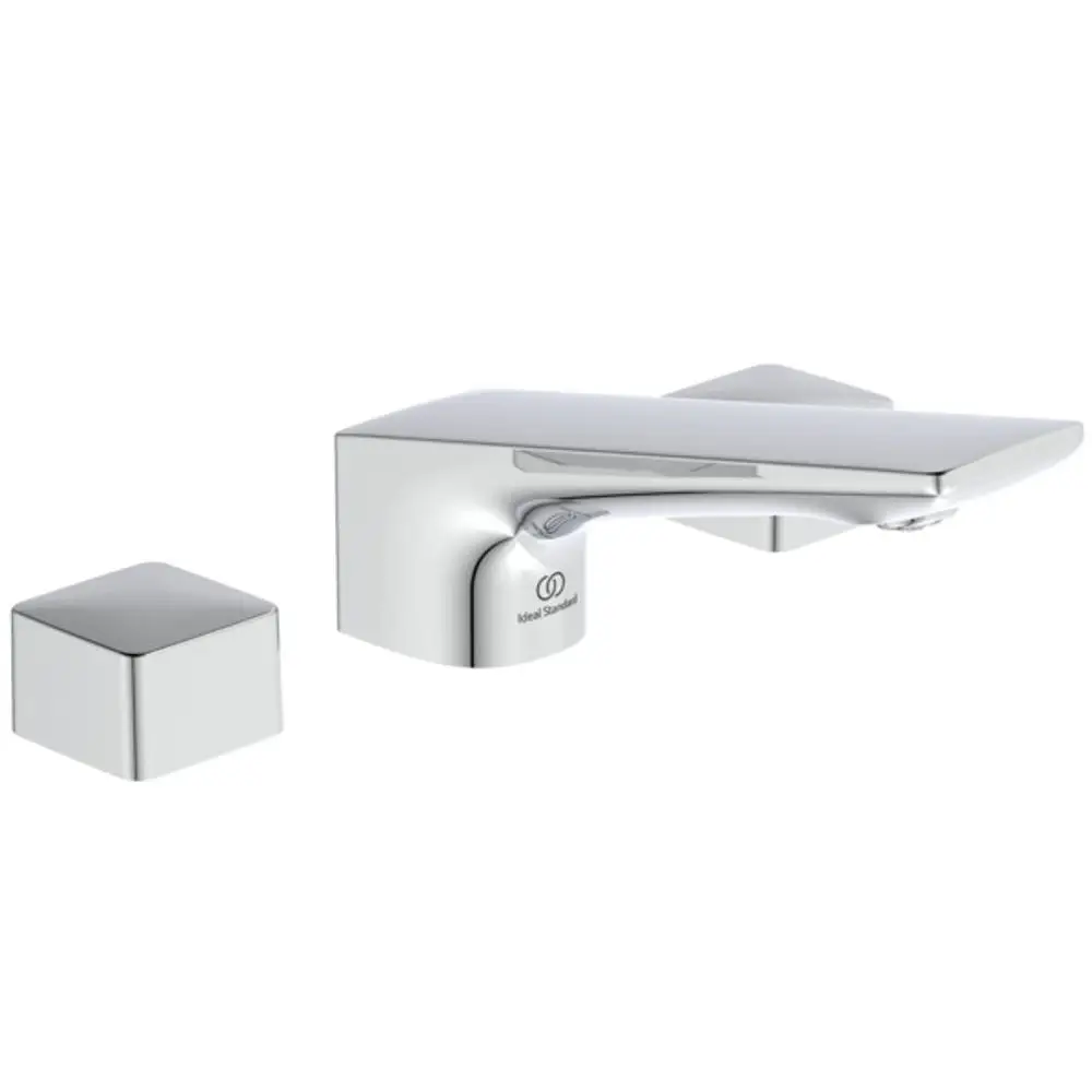 3-Loch-Waschtischarmatur in Chrom, mit einem seitlichen Hebel und einem separaten Steuerblock. Hersteller ist Ideal Standard.